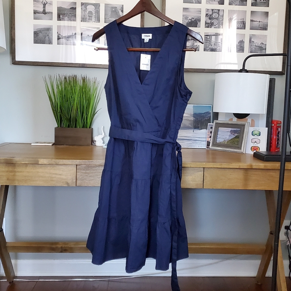 J. Crew Faux Wrap Sleeveless Tiered Cotton Dress Navy NEW